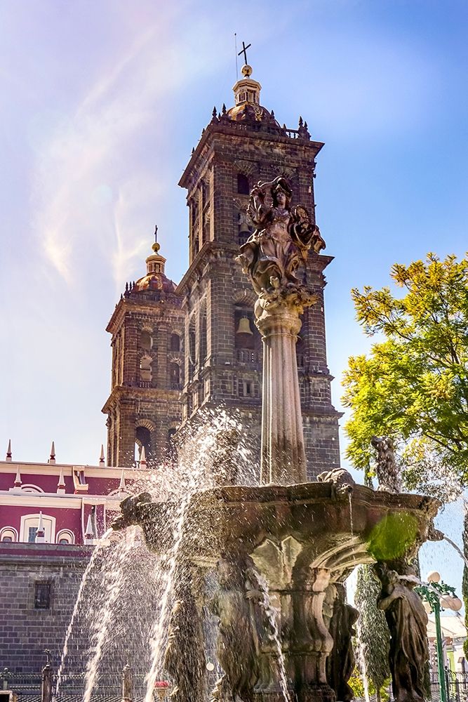 Sun Rays Zocalo Park Plaza San Miguel Archangel Fountain Cathedral Puebla-Mexico